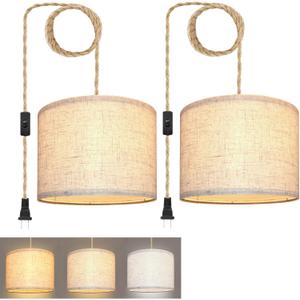 KUAUGST Plug in Pendant Light, Hanging Lights with Plug in Cord, Hanging Lamp with 15ft Hemp Rope, On/Off Switch, Beige Linen Shade, Light Fixture for Bedroom, Living Room, Dining Table 2 Pack