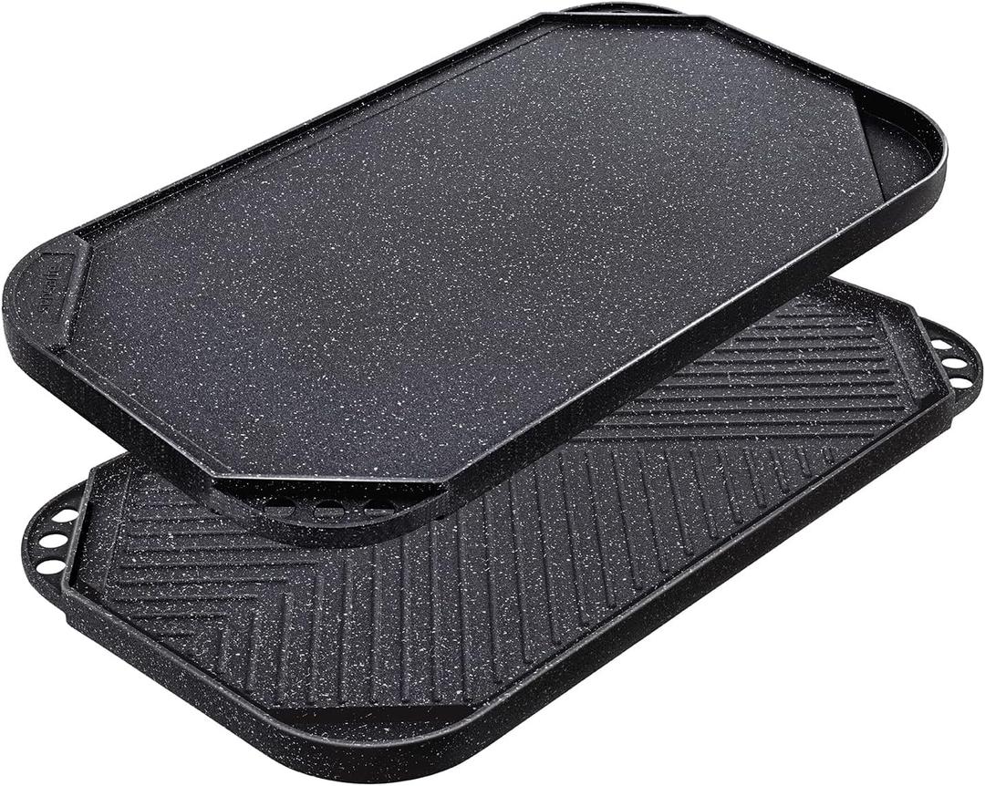 SENSARTE Nonstick Griddle Grill Pan, Pro-Grid Reversible Grill & Griddle Pan, Two Burner Cast Aluminum, Portable for Indoor Stovetop or Outdoor Camping BBQ, 19.5" x 10.7" (19.5"x10.7", Black)