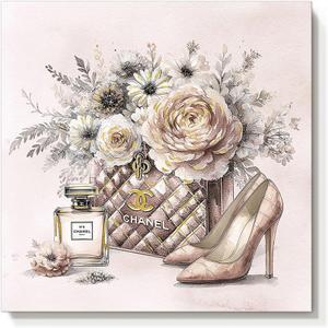 cozy country Chanel Inspired Canvas Wall Art 12x12 Inches Luxury Fashion Artwork Print, Featuring Perfume, Handbags, High Heels & Flowers, Perfect for Bathroom & Lady's Room Decor