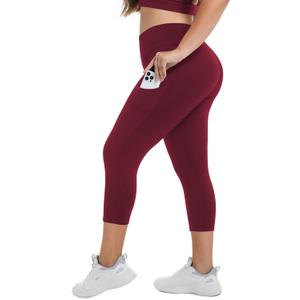Plus Size High Waist Capri Leggings with Pockets for Women Tummy Control Yoga Crop Pants for Summer Workout Athletic (5X-Large, Burgundy)