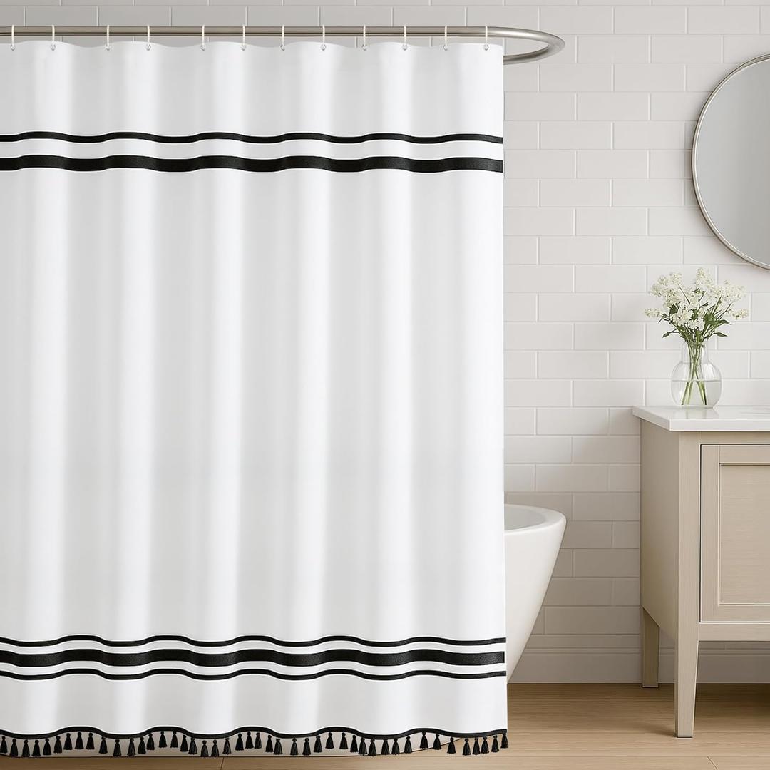 Seasonwood Black and White Shower Curtain 96 Inch Extra Long Shower Curtain, Striped Shower Curtains for Bathroom Sets, Farmhouse Shower Curtains with Tassels, Waterproof Fabric 72"x96"