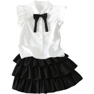 Girl's 2 Piece Preppy Summer Outfits Ruffle Bowknot Button Down Blouse and Layered Skirt Clothing Set, 10y