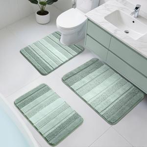 Kmson 3 Pcs Ombre Chenille Bathroom Rugs Set, Non-Slip Ultra Soft Washable Shaggy Bath Rugs for Bathtub, Thick Water Absorbent Microfiber Shower Mat Green (3 PCS 17"x24"+20"x32"+U Shape 24"x20")