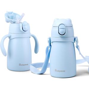 Bakpoco Stainless Steel Straw Sippy Cup for Toddlers 1-3 Years Old, Insulated Toddler Water Bottle Baby Training Tumbler with Handles & Strap, 9oz Kids Straw Cups for Travel Daycare, Blue Bear 1-Pack