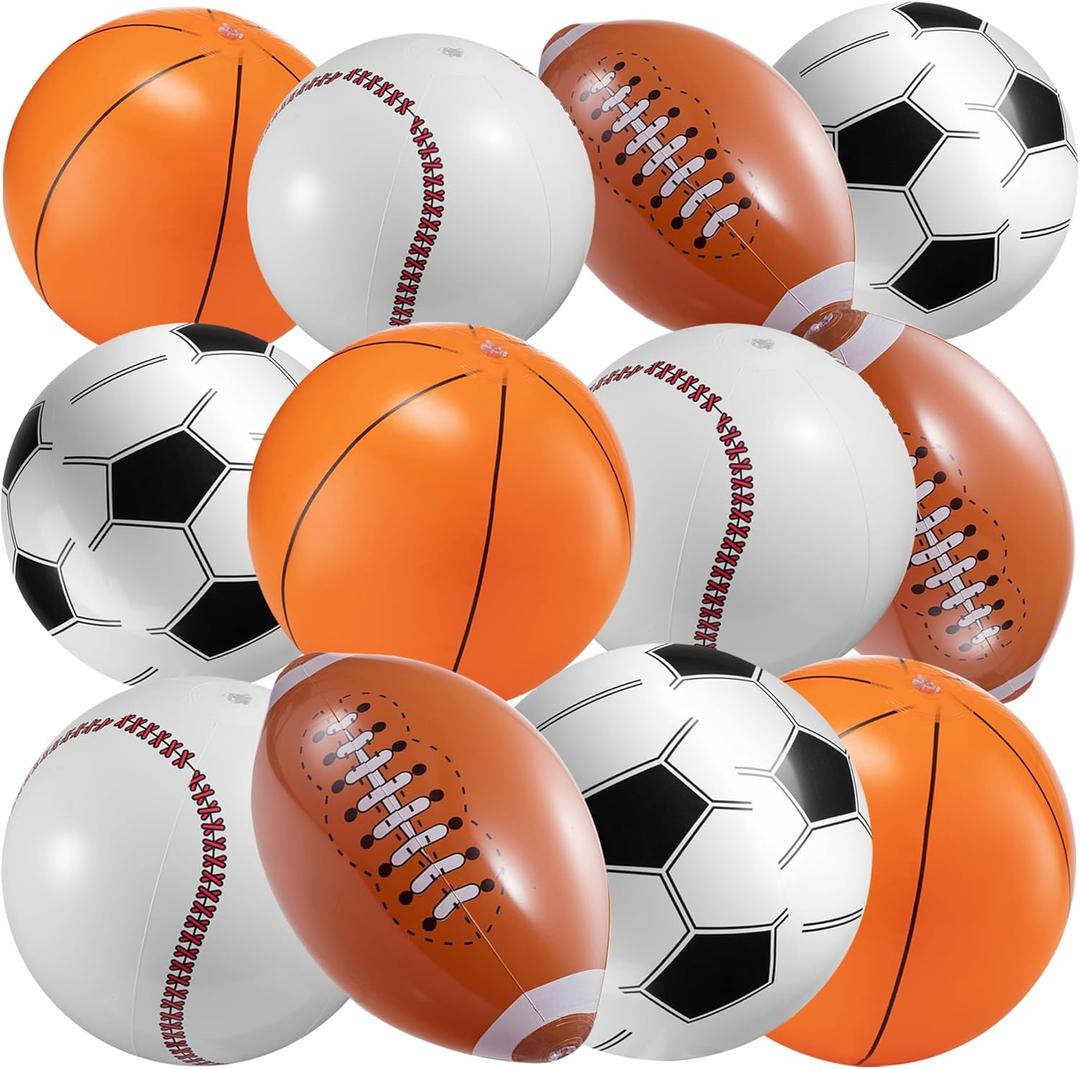 16" Inflatable Sports Beach Balls Variety Pack (12 Pcs) - 3 of Each - Basketball, Baseball, Football, Soccer Beach Balls for Sports - Themed Parties, Pool Toys, Birthday Decorations, and Party Favors