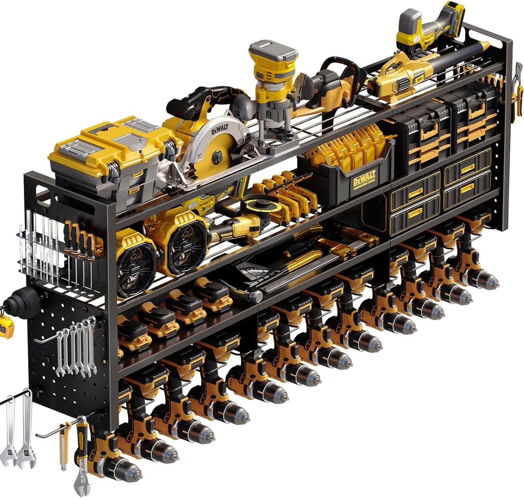 Large 49''W Power Tool Organizer Wall Mount | 620lbs Garage Storage Rack with 12 Cordless Drill Holder | 4-Tier Heavy Duty Utility Shelf for Battery Workshop Organization