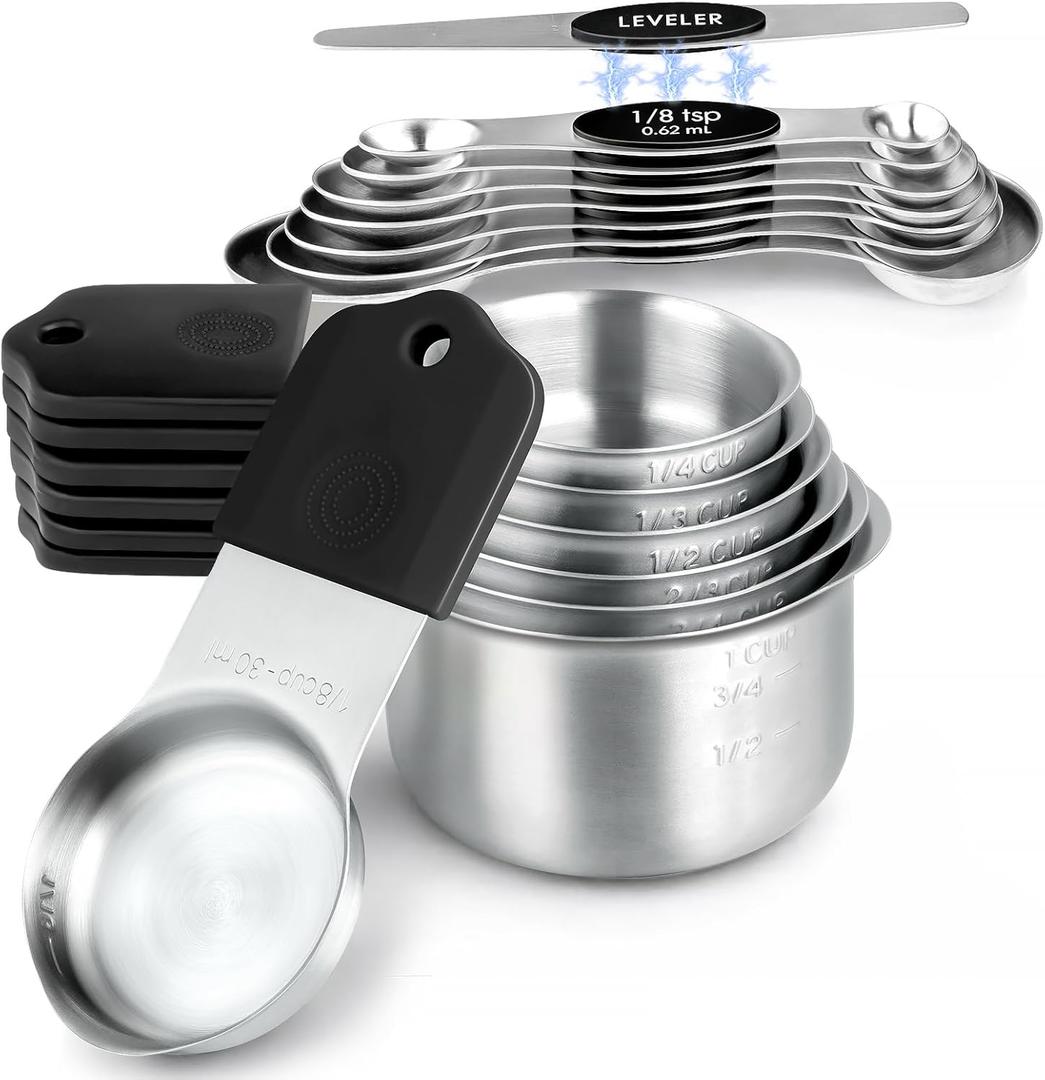 Magnetic Measuring Cups & Spoons Set, Strong N45 Magnets, Heavy Duty Stainless Steel Fits in Spice Jars for Baking & Cooking, BPA Free, Round Set of 15 with Leveler,Dark Black
