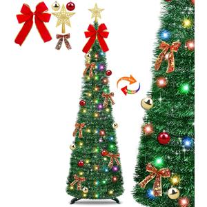 TURNMEON 6 Ft Pop Up Tinsel Christmas Tree Dual Color Change Lights DIY Ornaments Star 18 Ball 10 Bow Skinny 1 Minute Xmas Tree Warm White & Multicolor Light Timer Christmas Decorations Holiday Indoor