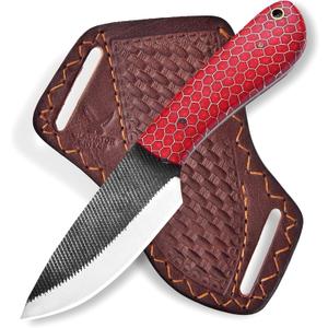 Fixed Blade Knife, 8" Carbon Steel Fixed Blade Hunting Knife Resin Handle with Leather Sheath, Survival Camping Knives GK-701 Gift for Skinning (Red)