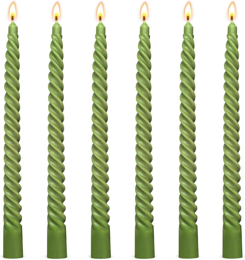 6 Pack 10 Inch Olive-Green Spiral Taper Candles for Christmas and Spring Home Decoration, Unscented Dripless Twisted Candlesticks for Dinner St. Patrick's Day Earth Day and Garden Parties
