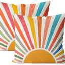 JEFERSO Summer Pillow Covers 18x18 Set of 2 Colorful Stripes Yellow Sunshine Decorations Outdoor Throw Pillows Boho Rainbow Sun Pillowcase Linen Decor Modern Farmhouse Cushion Case for Home Bedroom