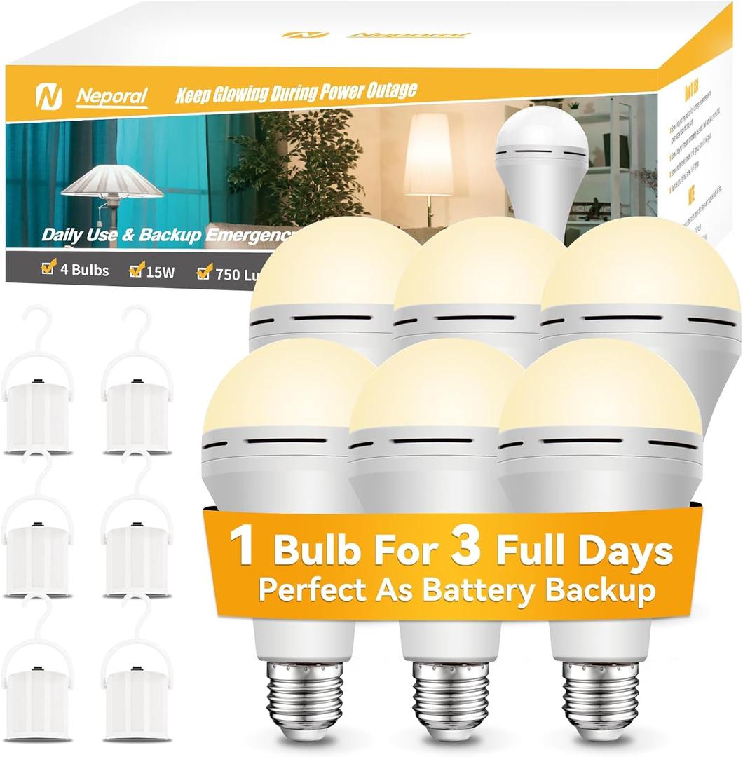 Neporal LITE PRO Battery Backup Light Bulbs, 2600mAh Rechargeable Light Bulbs, Perfect As Emergency Lights for Home Power Failure, Hurricane Prepareness Item, E26/E27 (Warm White 6pk-2600mah)