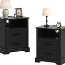 ChooChoo Farmhouse Night Stands with Charging Station, Wood Nightstand Set of 2 with 2 Drawers, Bedside Table with Open Storage Shelf for Bedroom, Black
