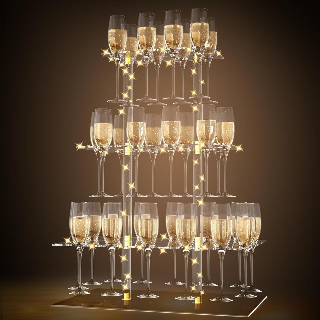 Champagne Display Holder Stand for Party With 32 Slots, 3 Tier Clear Acrylic Wine Glass Stemware Display Rack, Champagne Flute Wall Holder with Led Light for Party, Wedding, Measures 26" x 20" x 12"