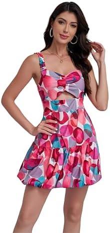 Womens Summer Dresses Boho Sleeveless V Neck Mini Baby Dress Floral Stretch Straps Beach Mini Bubble Dress (Medium, Pink)