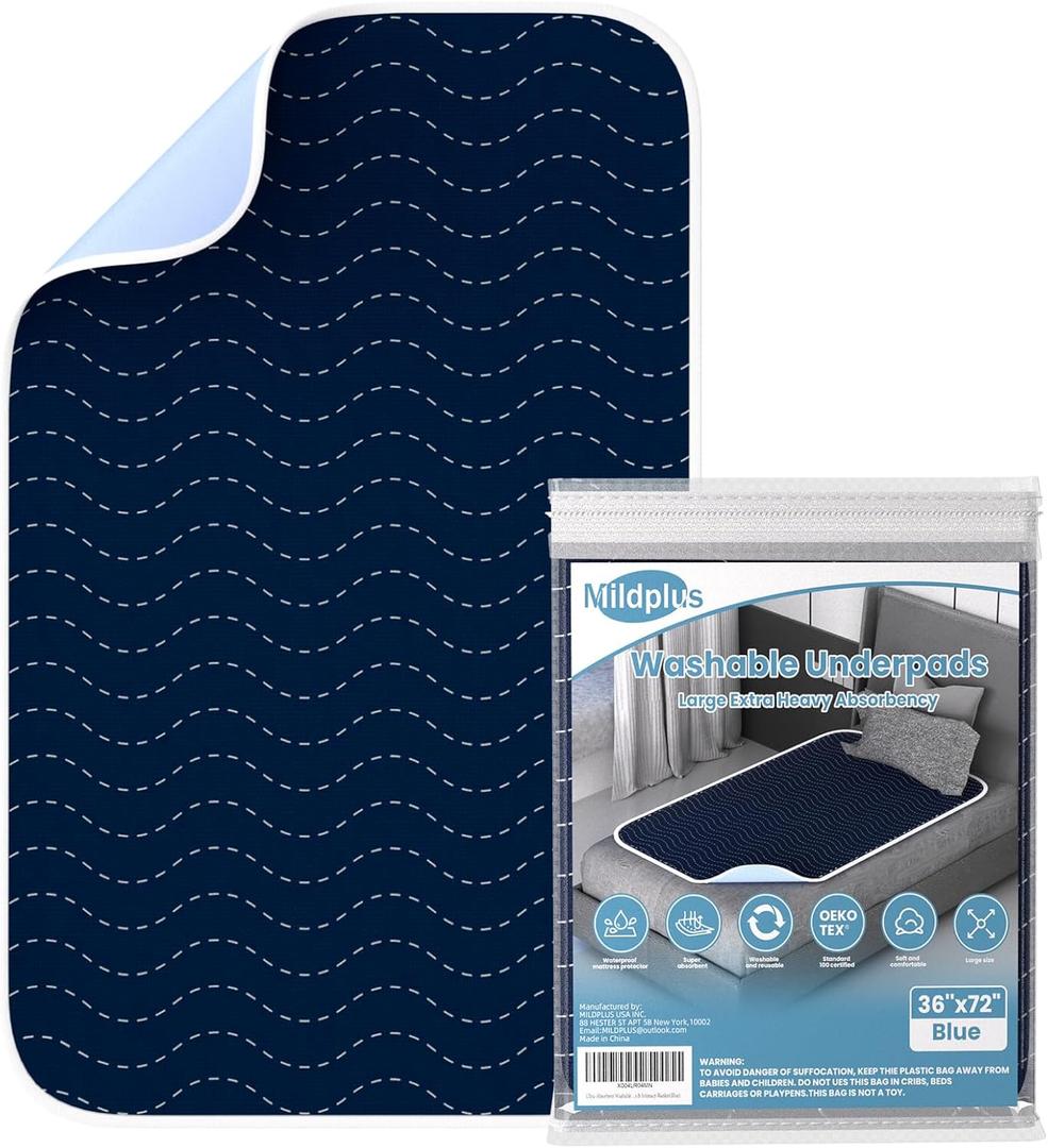 Ultra-Absorbent Extra Large Washable Waterproof Bed Pads 36"X72" Reusable, Leakproof Incontinence Bed Pads for Adults, Babies & Pets , Waterproof Bed Wetting Pads & Sheet Blanket(Blue)