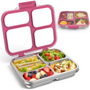 Stainless Steel Bento Box for Kids Adults with Silicone Container, Leak Proof 4 Compartments Metal Lunch Box, Removable Silicone Seal & Clear Lid Food Container for School Office, BPA-Free(Pink)