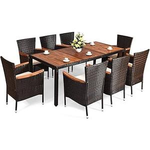 9PCS Patio Rattan Dining Set 8 Stackable Chairs Cushioned Acacia Wood Table Top