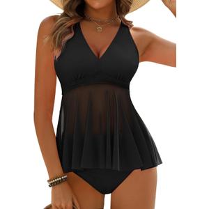 Women's Tankini Sets Tummy Control Flowy Mesh Top Full Coverage High Waisted Bottom V Neck Two Piece Swimsuits (Black, XL)