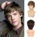 Mens Short Brown Wigs Natural Layered Fluffy Wigs Synthetic Hair Wig for Halloween Costume Cosplay with Wig Cap