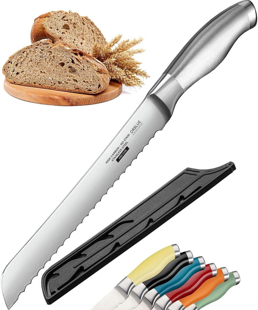 Orblue Serrated Bread Knife with Upgraded Stainless Steel Razor Sharp Wavy Edge - Bread Cutter Ideal for Slicing Homemade Bagels, Cake (8-Inch Blade with 5-Inch Handle) (Ageless Silver)