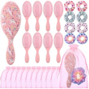 Hotop 24 Pcs Pink Party Favors Unicorn Detangling Hair Brush Set Include Girl Hair Brushes Scrunchies and Organza Bags Accessories for Women Princess Birthday Makeup Party Decoration Supplies