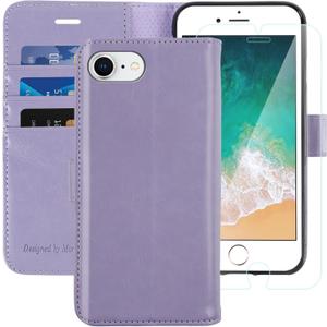 MONASAY Case Compatible for iPhone SE 2022/2020 5G,iPhone 7/8 Wallet Case,4.7-inch, [Glass Screen Protector] Flip Folio Leather Cell Phone Cover with Credit Card Holder, Lavenders