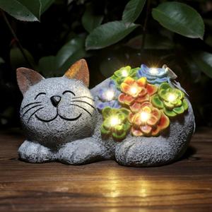 Otdair Solar Cat Decor, Birthday Gifts for Women with Succulent and 7 LED Lights, Christmas Gifts for Mom, Seniors, House Warming New Home Garden Decor for Cat Lover