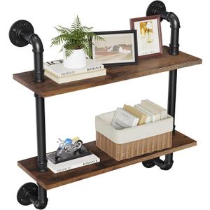 Merapi 24" Industrial Floating Shelves, Pipe Shelves for Wall, 2 Tier Rustic Wood Wall Shelves for Home Dcor, Bedroom, Living Room, Bathroom
