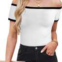 LilyCoco Off The Shoulder Tops for Women Striped Short Sleeve Sexy Going Out Top White Large