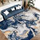 Yinhua 8x10 Rug for Living Room, Marble Rug Blue and Gold, Non Slip Modern Washable Rugs Non Shedding, Contemporary Abstract Area Rugs Low Pile, Soft Large Carpet for Bedroom Kitchen Office