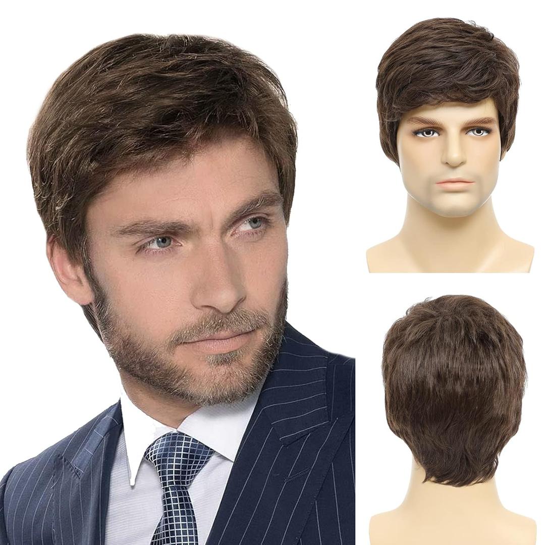 Mens Brown Wig, Short Brown Men Wig Layered Natural Hair Full Synthetic Wigs for Halloween Male Guy
