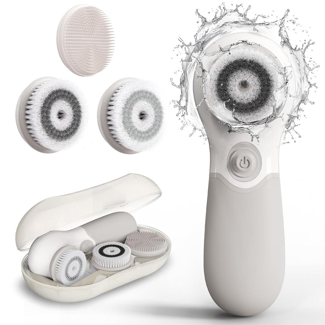 Face Scrubber with 3 Brush Heads & 2 Speeds - Deep Cleaning, Exfoliating, and Massaging for All Skin Types - Facial Cleansing Brush Includes Silicone Head, Travel Case & Free-Plastic Packaging (Grey)
