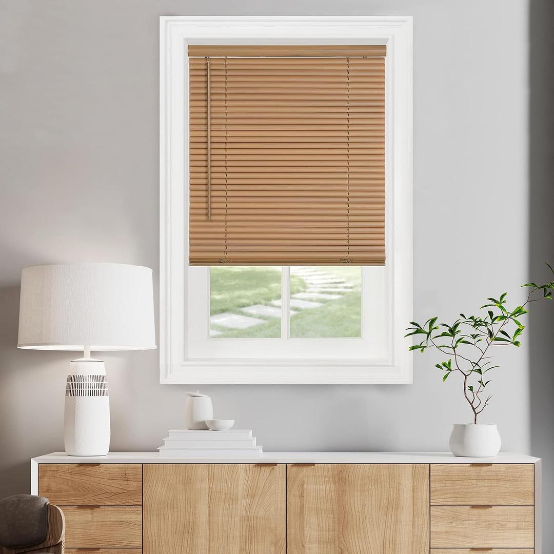 Cordless Light Filtering Mini Blind - 34 Inch Width, 64 Inch Length, 1" Slat Size - Woodtone - Cordless GII Morningstar Horizontal Windows Blinds for Interior by Achim Home Decor