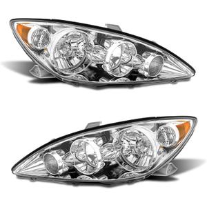 for 2005-2006 Camry 4-Door Sedan Headlight Assembly compatible with 2005 2006 Toyota Camry Chrome Housing with Amber Reflector Headlamp Replacement Left and Right PairW/O Bulbs