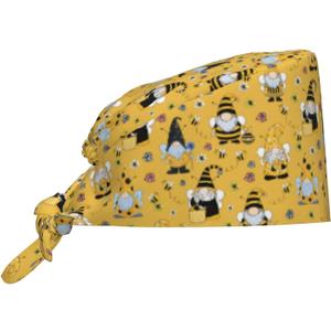 Working Cap Scrub Cap with Sweatband Adjustable Unisex Tie Back Hat for Cleaning Farm Nursing (One Size, Bee Gnome)