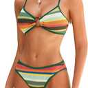 ZAFUL O Ring Bikini Sets for Women Lace Up Swimsuits High Cut Swimwear Contrast Stripe 2 Piece Bathing Suits (Green, L)