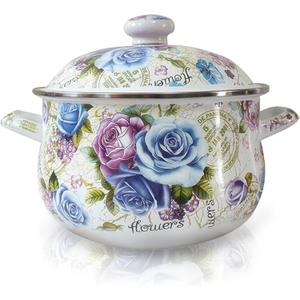 Enamel Stockpot with Lid, 4.6 Quart Retro Cooking Pot, Vintage Floral Bean Stew Soup Pot, Ceramic Cookware for Kitchen Stove
