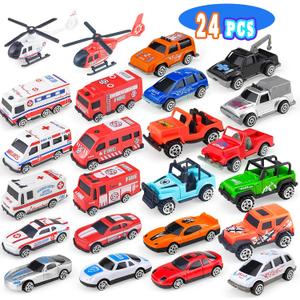 24 Pack Mini Car Toys for Toddlers 1-3, Toy Cars Bulk Goodie Bags Fillers Party Favors for Kids 3-5, Play Truck Car Toys Fire Trucks Ambulance Police Helicopter Toy Birthday Gift