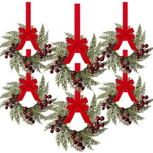 6 Pieces 8" Mini Christmas Wreaths - Small for Kitchen Cabinet/Window/Front Door, Artificial Red Berries & Pinecones, Christmas Candle Rings, Table/Farmhouse Decoration (No Ribbon)