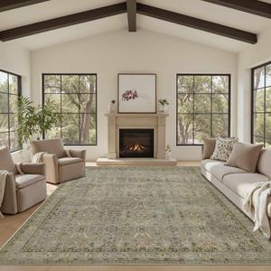 Rugxara 8x10 Area Rugs for Living Room Bedroom, Large Washable Rug, Vintage Floral Boho Rug, Non Slip & Low Pile Faux Wool Thin Carpet for Indoor Dining Room and Kids Room(Olive Brown 8x10ft)