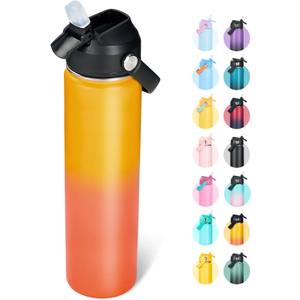 Fijinhom 24oz Insulated Stainless Steel Water Bottle, Wide Mouth Double Wall Vacuum, Silicone Straw, Sweat & Leak Proof, BPA Free Insulated Water Flask for Travel, Keep Cold 24h Hot 12h, Orange