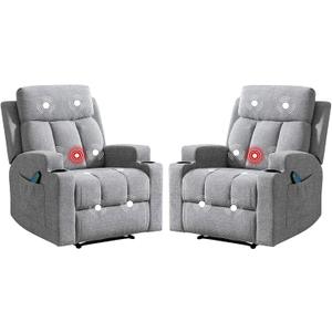 Phoenix Home Manual Recliner Chair Set of 2 with Massage and Heat, Ergonomic Overstuffed Breathable Fabric Recliner Single Sofa Seat with 2 Cup Holders, Living Room Lounge Recliners on Clearance, Gray (Grey)