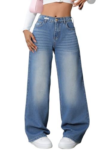 Handfrog Jeans for Women Baggy Wide Leg Women's Jeans Elastic Waist Low Mid Rise Denim Pants with Pockets Y2K Jeans Light Blue L
