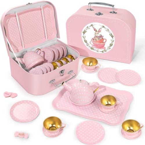 Tea Party Set for Little Girls, Princess Tea Time Toys Including Tin Teapot Set Cups Carrying Case, Toddlers Pretend Role Play Kids Kitchen Toys Birthday Gifts Age 3 4 5 6