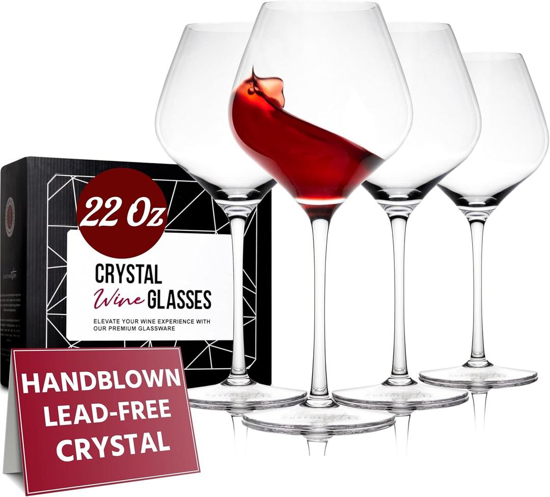Gusto Nostro Crystal Glasses Set of 4, 22 Oz Long Stem Modern Glasses, Dishwasher Safe, Fancy, Elegant, Large and Tall Glass for Wedding Christmas Anniversary (Crystal Design 3)