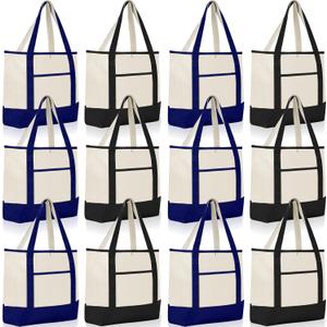 Sanwuta 12 Pack Canvas Tote Bags Bulk, Reusable Shopping Grocery Bags with Handles for Women, Teacher & Mother's Day Gifts (Dark Color)