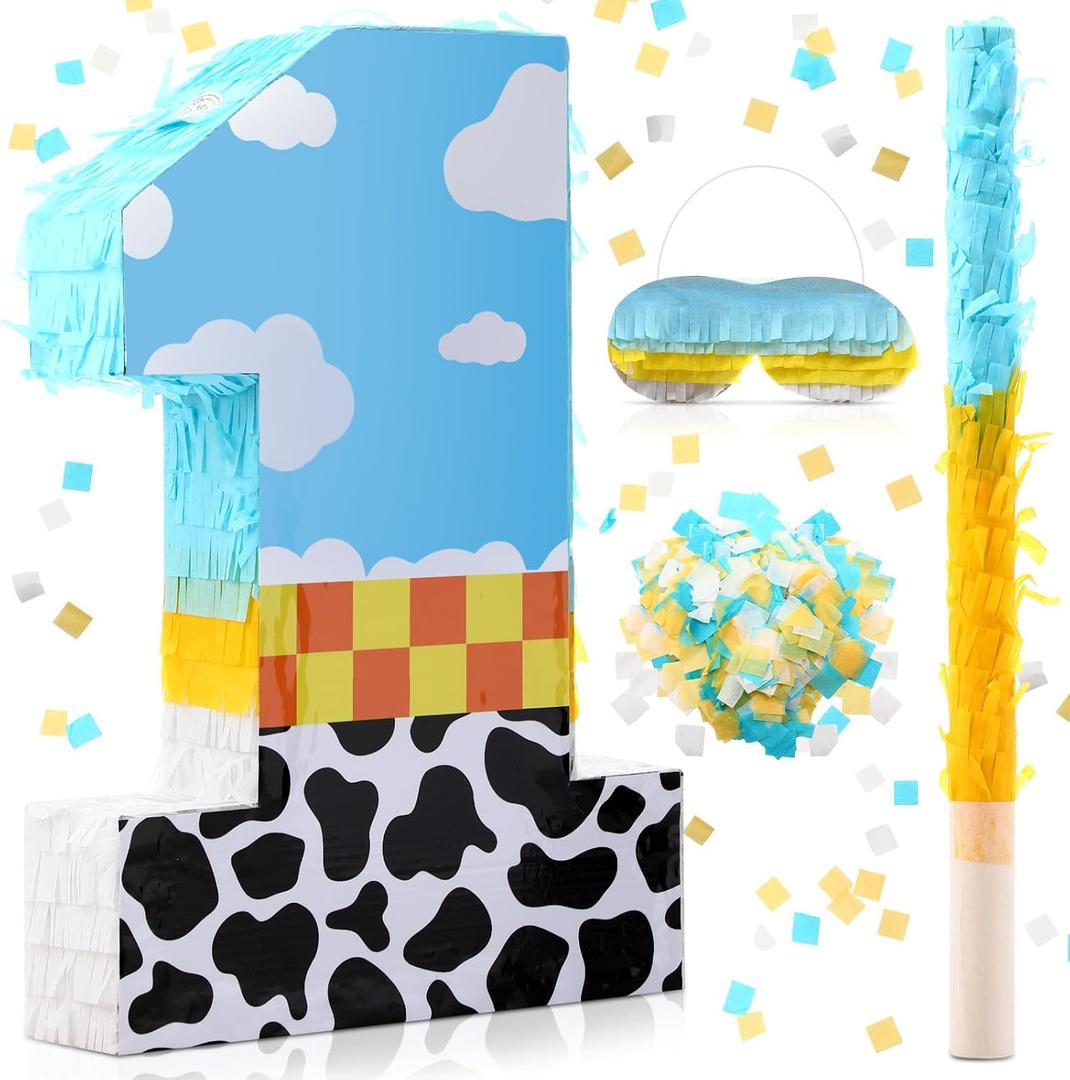 Poen Cow Number Piata for Kids Birthday Decorations Toy Game Cow Birthday Piata with Stick Blindfold and Confetti Blue Sky and White Cloud Candle for Boy Girls Party Inspire Decor(Number 1)