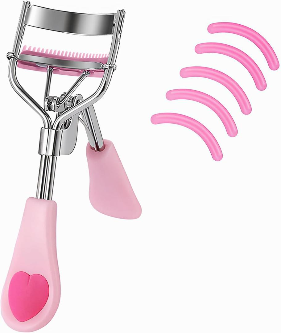 MERVK Stainless Steel Eyelash Curler with Built-in Comb Pinch Pain-Free Suitable for Any Eye Shapes and Sizes, with 5 Silicone Refill Pads (Light Pink)