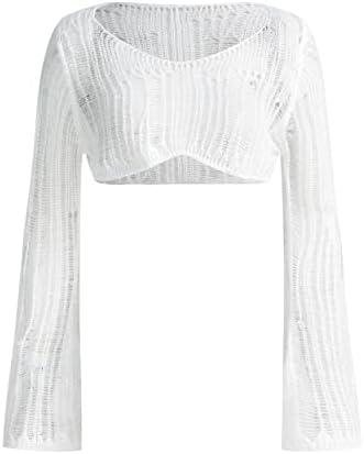Verdusa Women's Hollow Out Sheer Long Sleeve Sweater Knit Crop Pullover Top X-Small